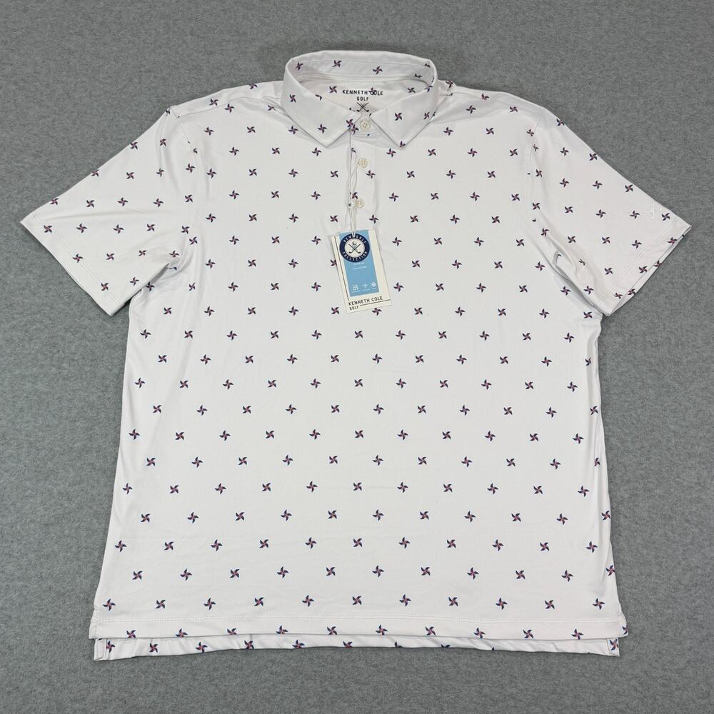 Kenneth Cole Golf Polo Shirt Mens Large White American Pinwheel Stretch AOP NWT